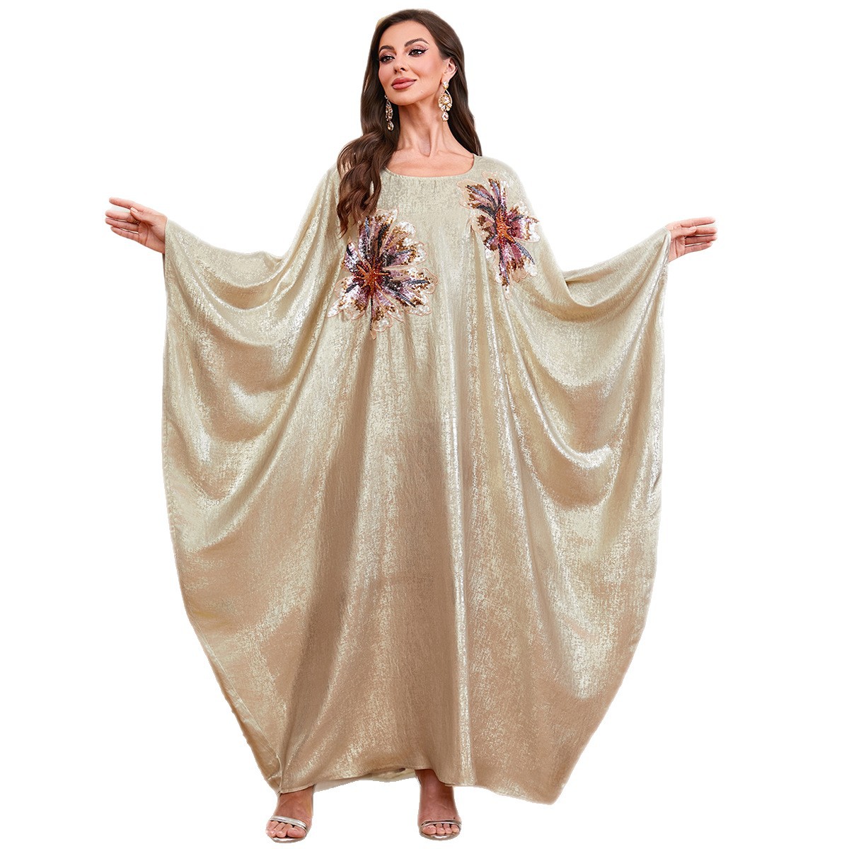 Round neck batball sleeve applique loose skirt for women's wear