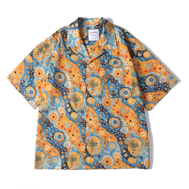 Casual Vacation Look Gauze Cuban Collar Short Sleeve Printed Shirt for Men