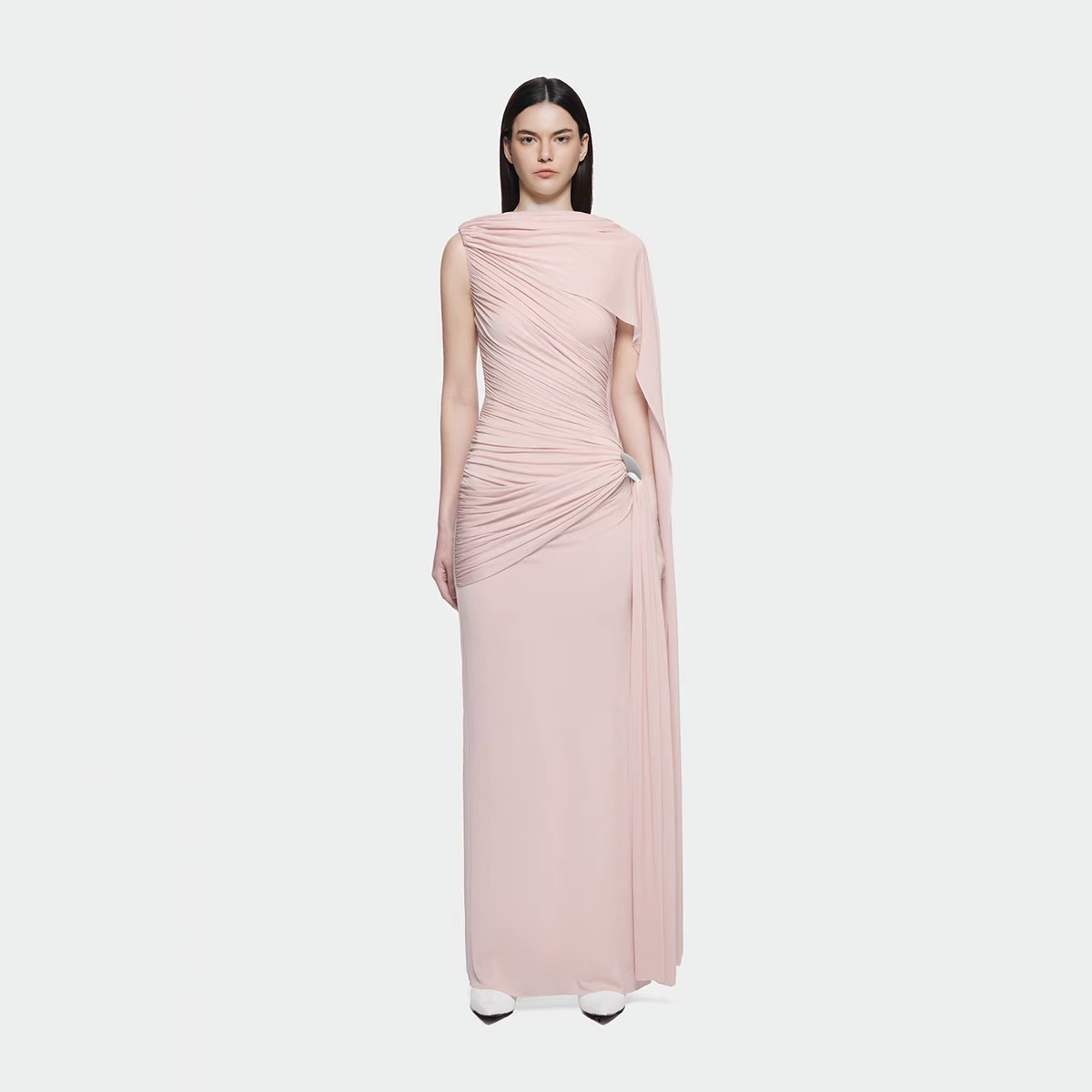 Knitted Sleeveless Pink Ribbon Pleated Floor-Length Dress with Scarf Detail
