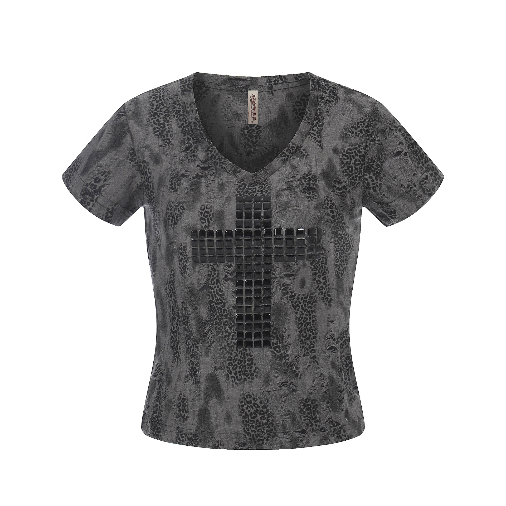 Distressed Leopard Print V-Neck Short Sleeve T-Shirt Streetwear Chic Style with Cross Rhinestone