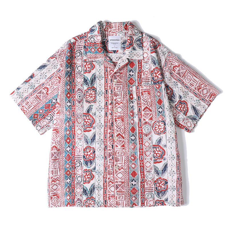 Cuban Collar Hawaiian Pattern Floral Beach Vacation Short Sleeve Shirt