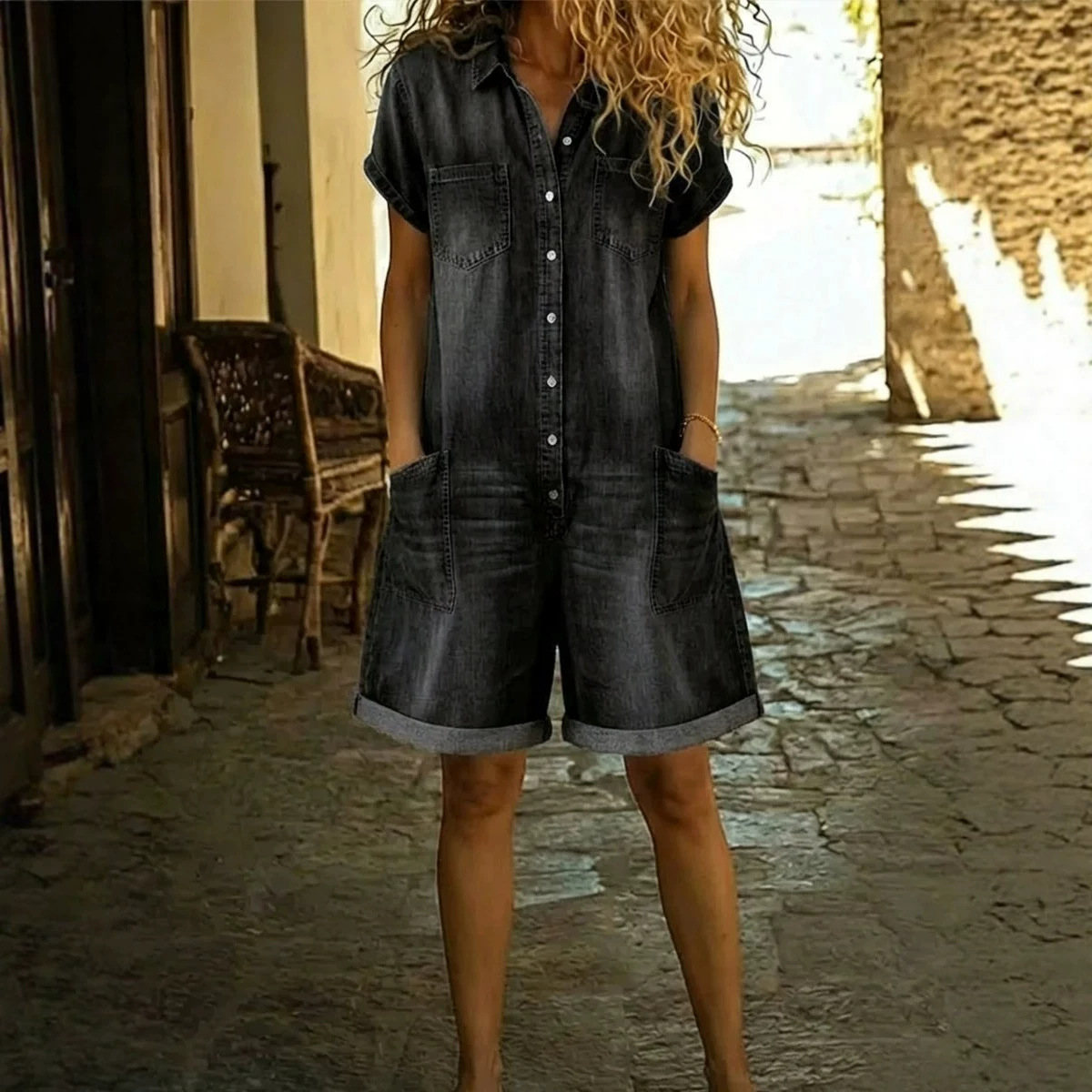 Spring Short Sleeve Multi-Pocket Shirt Washed Denim Look Overalls Shorts Women's Clothing
