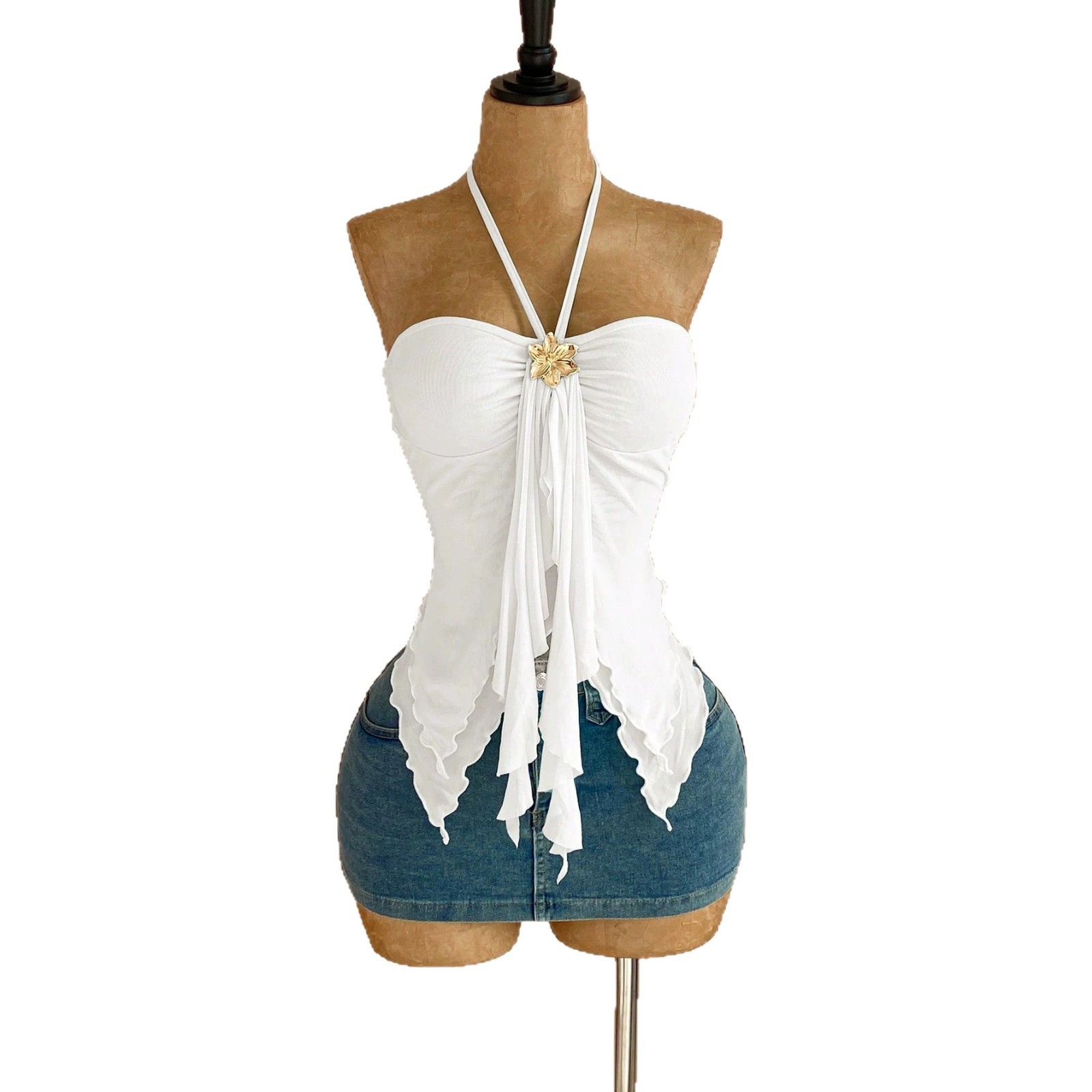 Double-Layer Mesh Strapless Cropped Top with Irregular Tail Hem