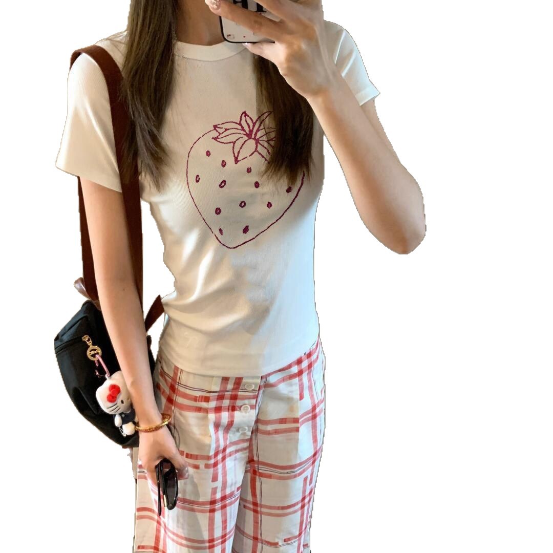 Casual Strawberry Print Regular Shoulder Short Sleeve T-Shirt