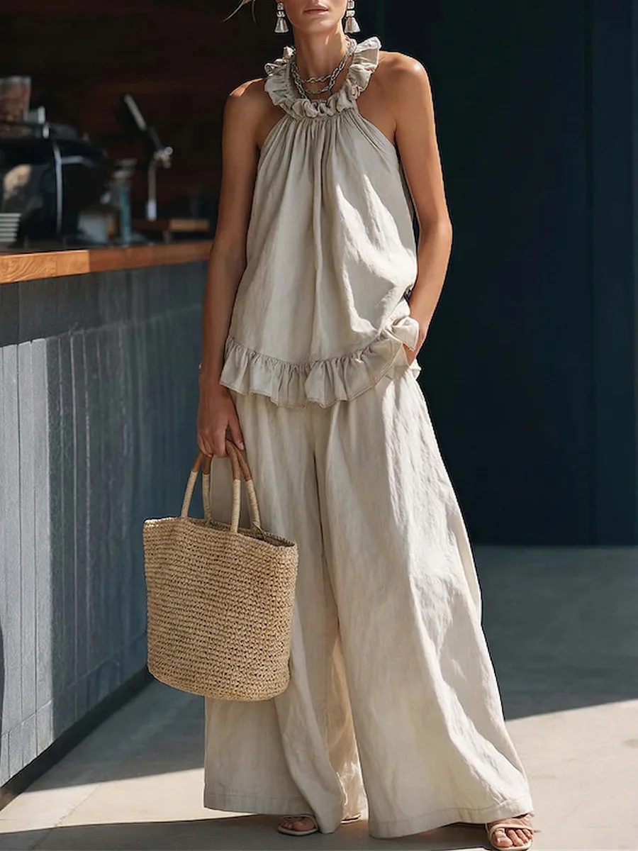 Summer and Autumn New Women's Halter Top Cotton Linen Retro High-Waisted Loose Casual Set