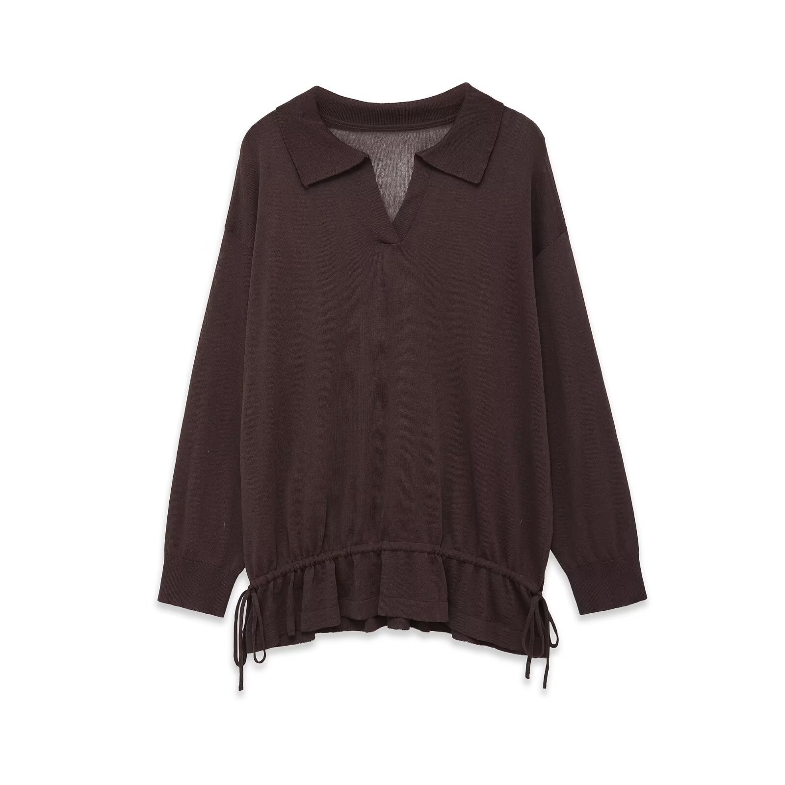Long sleeved pleated decorative polo knit shirt psc
