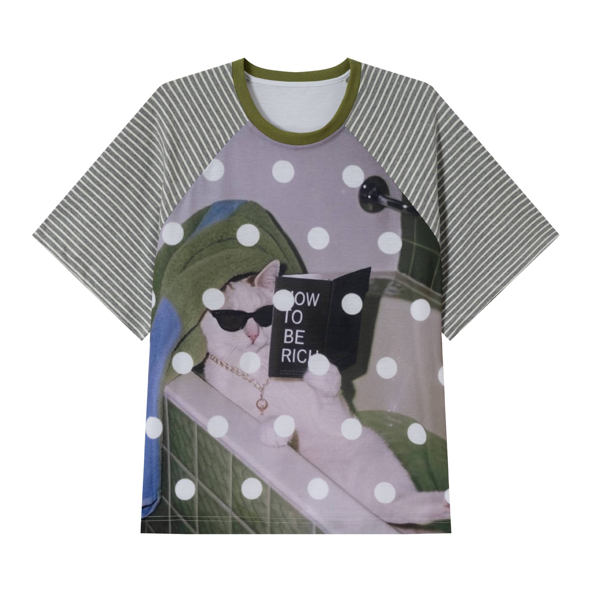 Cat Polka Dot Stripe Patchwork Loose Fit Unisex Short Sleeve T-Shirt