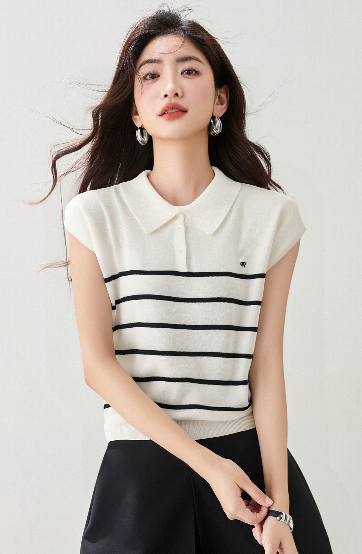 Minimalist Retro Polo Neck Sleeveless Knit Top for Women, Summer Casual Slim Fit Stylish T-Shirt Blouse A3CE7490275BEC45AC577DFCAB3833CE