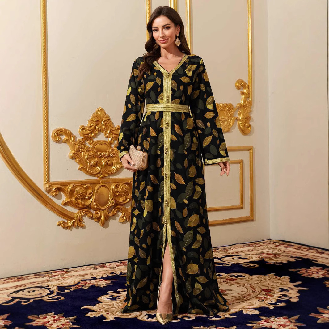 Printed V-neck long-sleeve black maxi dress - Vilmere