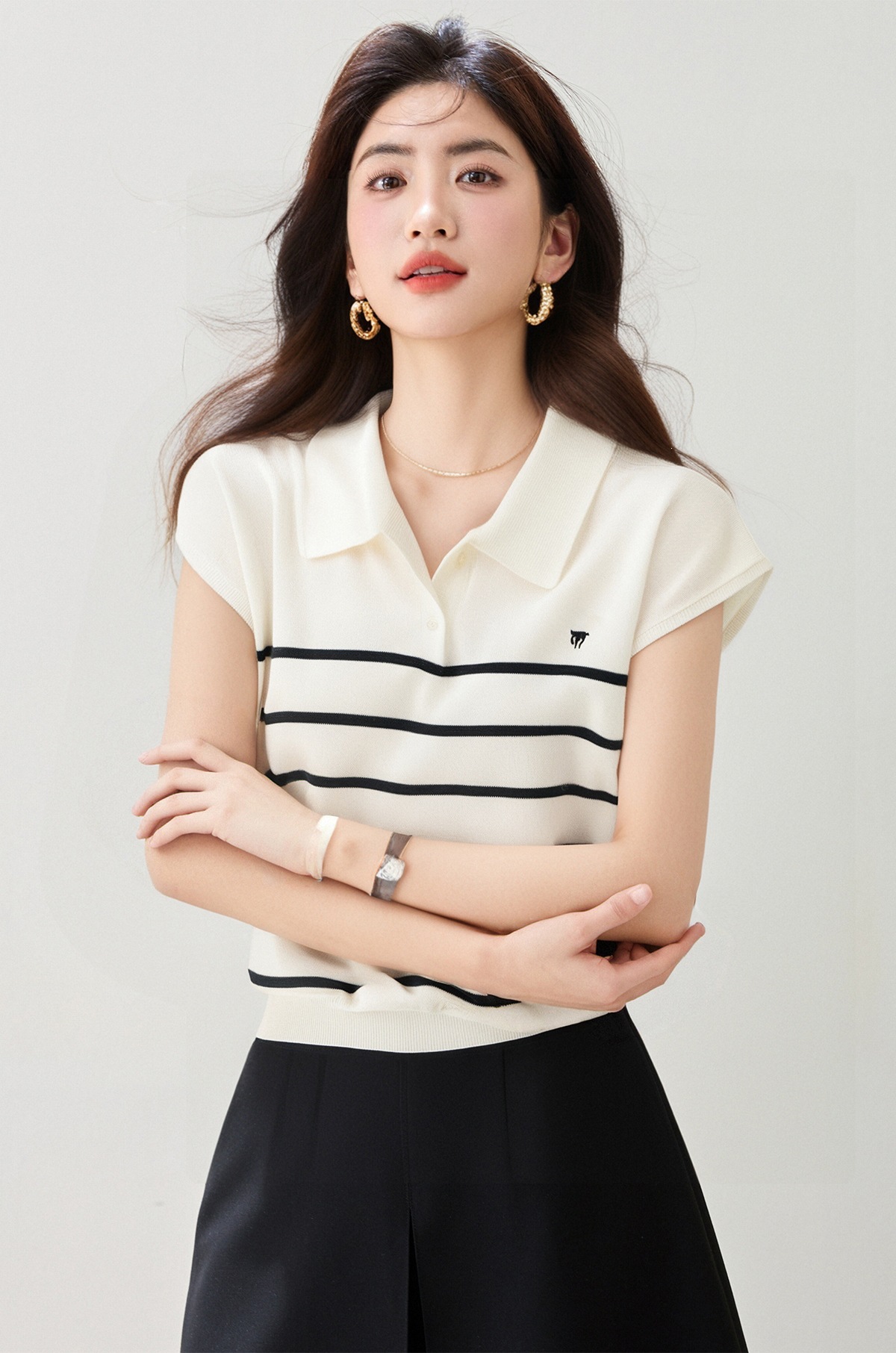 Minimalist Retro Polo Neck Sleeveless Knit Top for Women, Summer Casual Slim Fit Stylish T-Shirt Blouse A85FB0B80CC462AC4CEB9B7FC06158AB