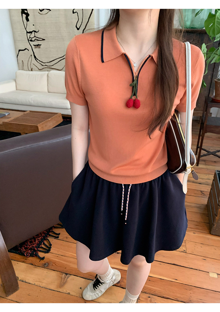 Cherry Color-blocked Polo Knit Shirt with Silk Lyocell Blend AA8F72BE2D3A81596A6F465E7949BCCA