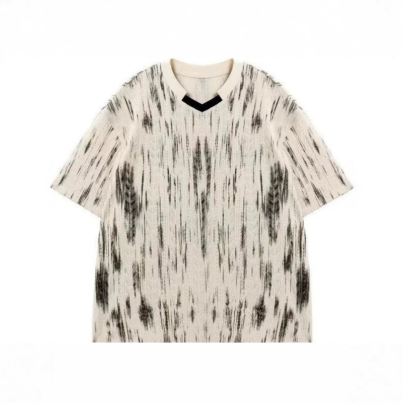 Vintage Hollow-out V-Neck Color-blocked Loose T-Shirt for Men
