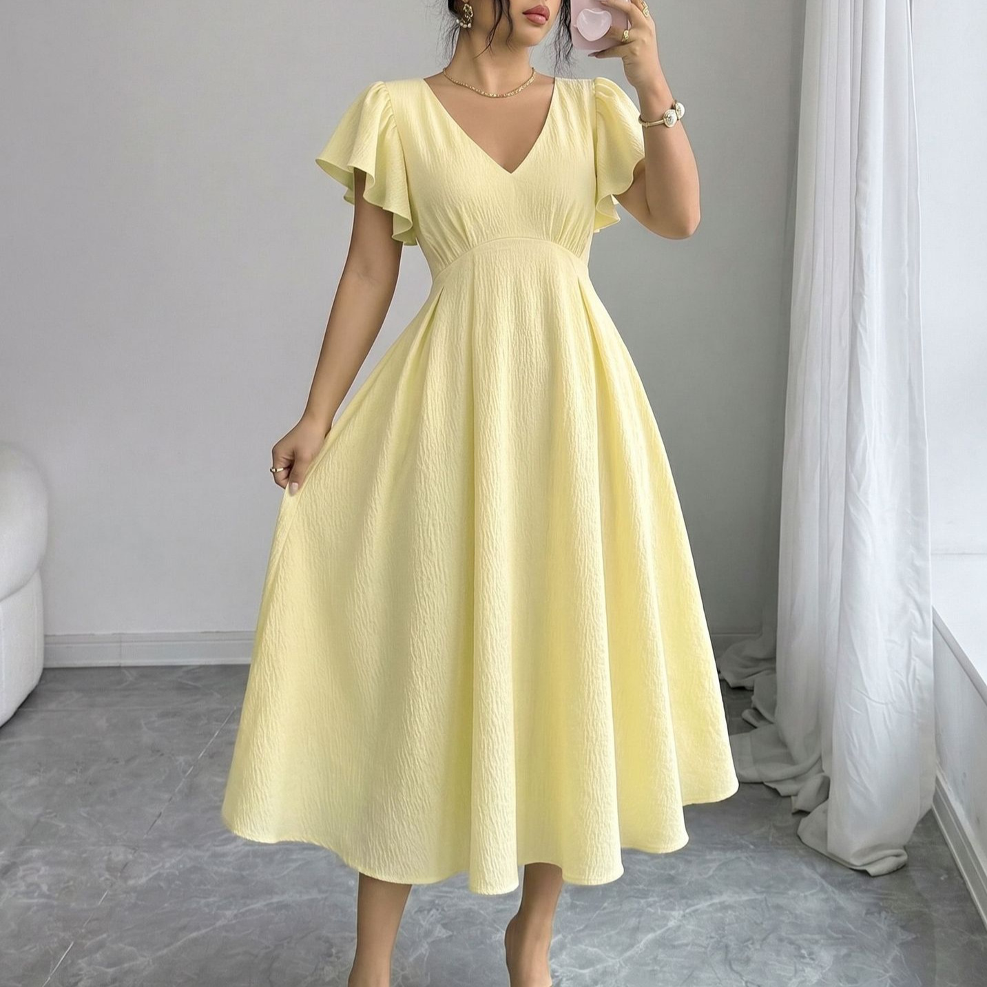 Lime green V-neck ruffle A-line maxi dress - Vilmere
