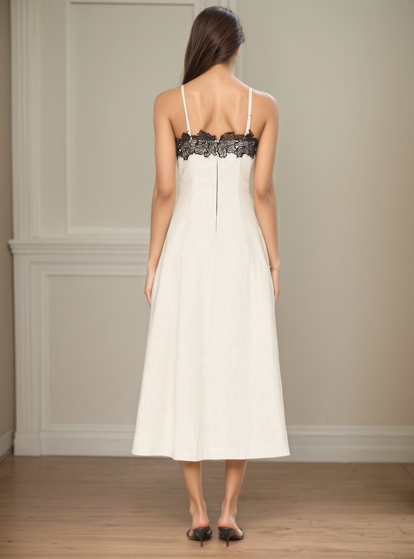 Off white lace contrast camisole midi dress – full length editorial shot