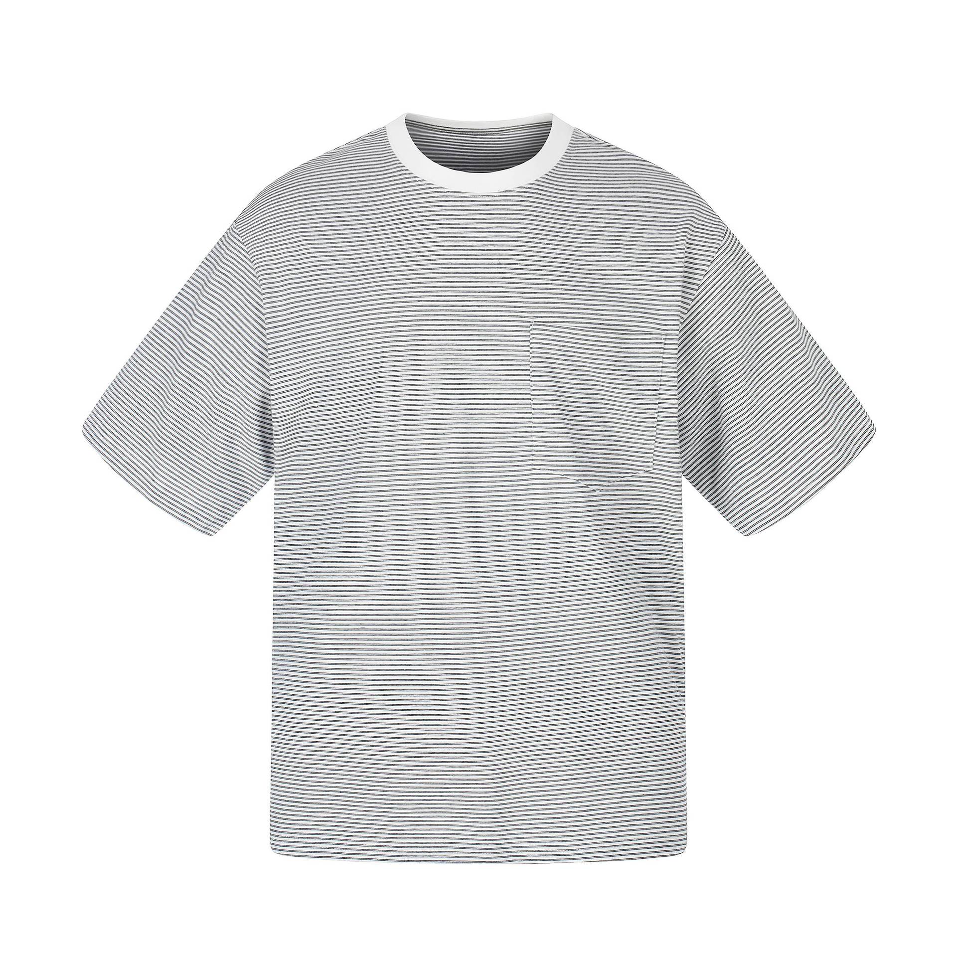 Pocket Vintage Cityboy Loose Round Neck Unisex Striped Short Sleeve T-Shirt