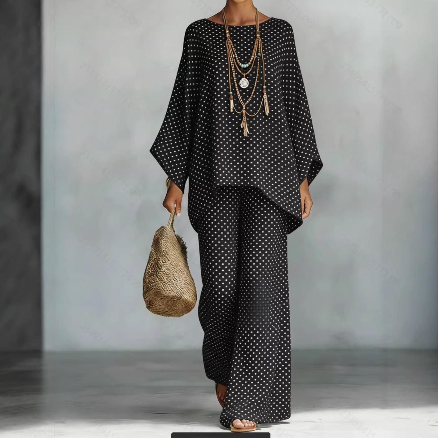 Conjunto de top murciélago y pantalones anchos para mujer, vista lateral