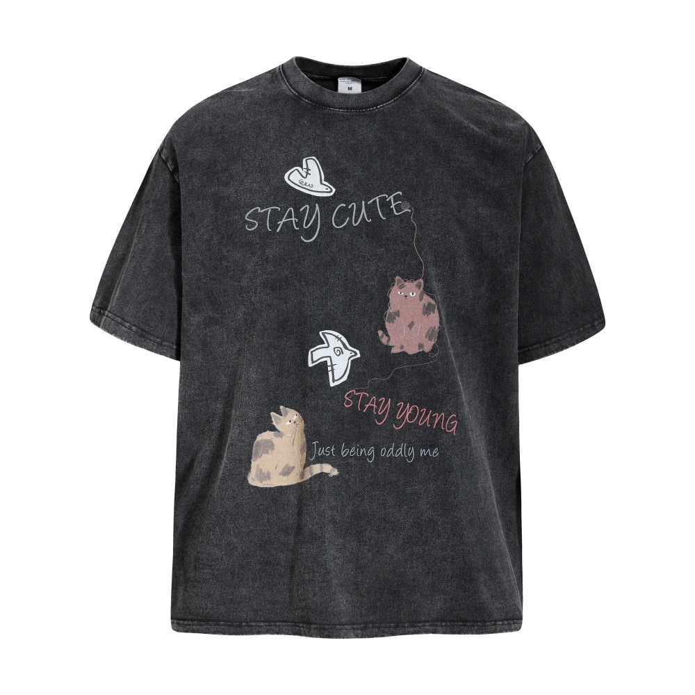 Cartoon kitten print distressed short sleeved shirt