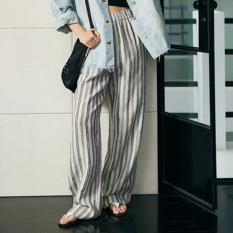 Casual Loose Straight Leg Pants Skirt in French Linen Blend with Woven Stripe Pattern, Breathable