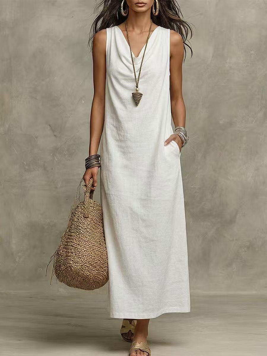 Solid colour halter V-neck A-line maxi dress - Vilmere
