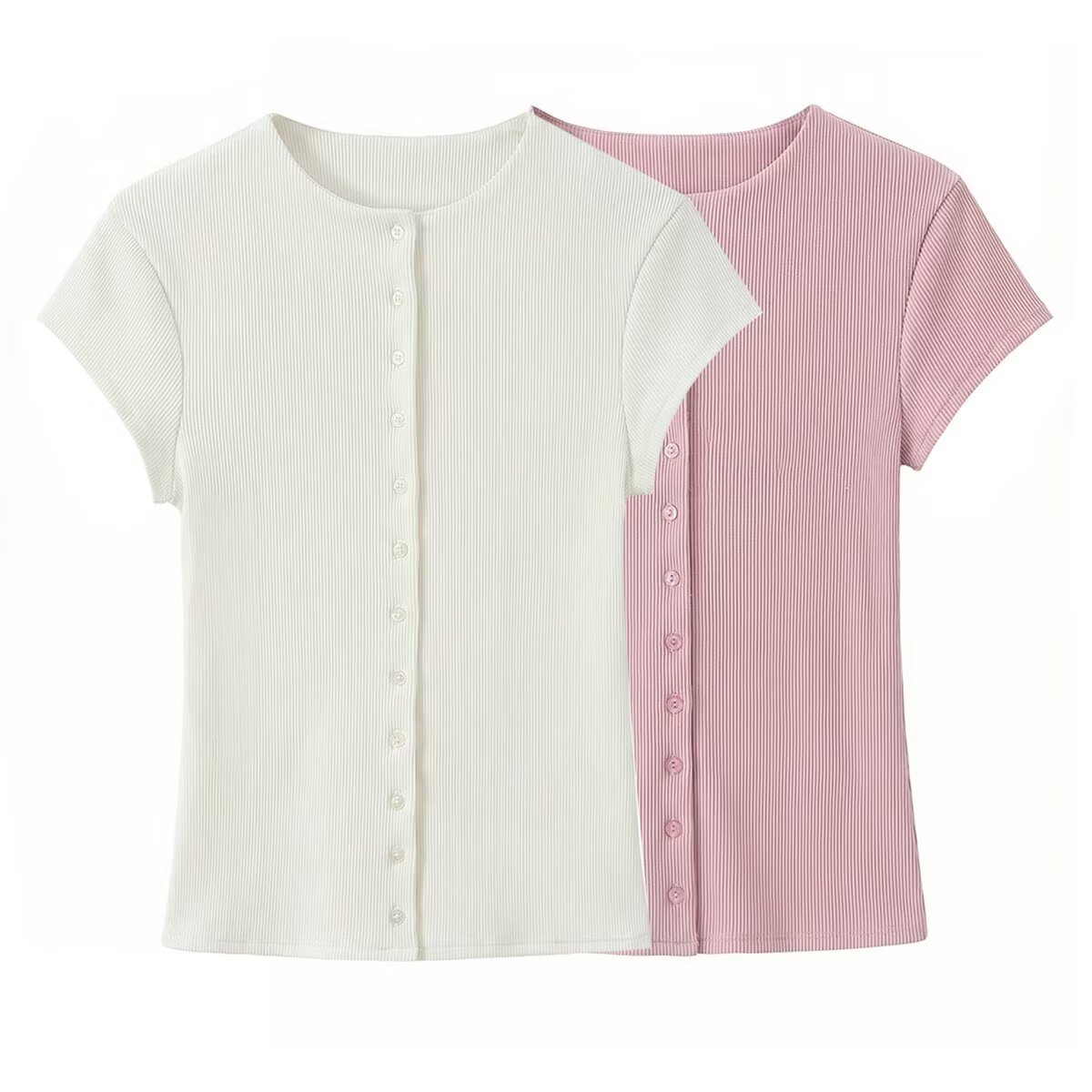 Simple ribbed buckle needle T-shirt