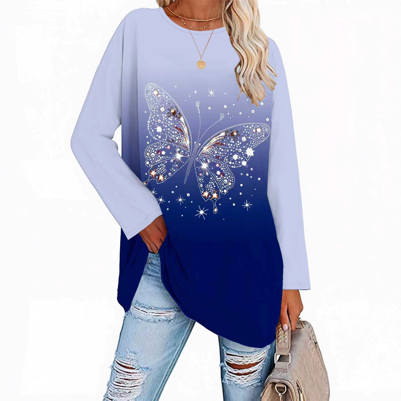 Elegant Butterfly Print Round Neck T-Shirt for WomenWinter Casual Comfortable Style
