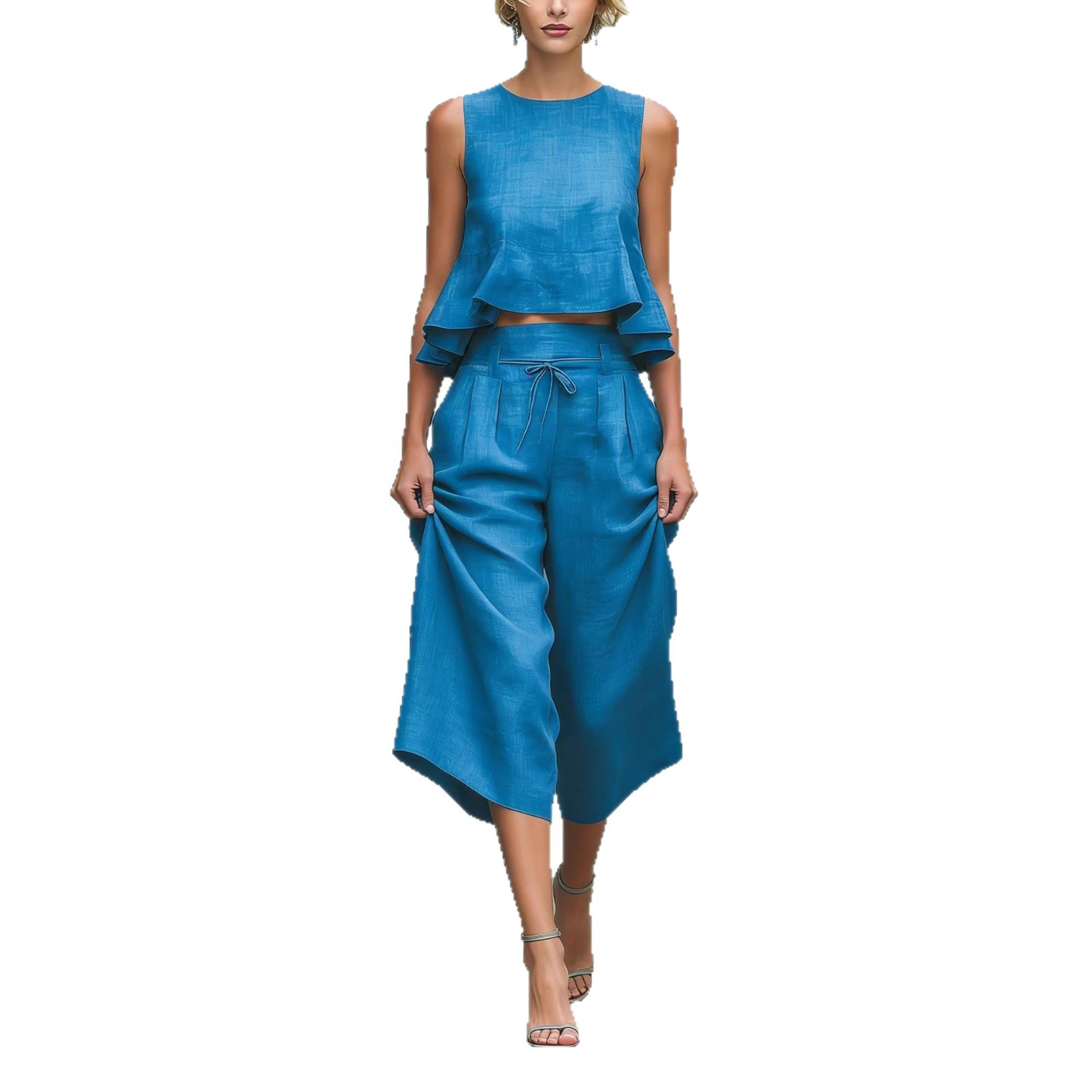 Sleeveless Pleated Loose Fit Casual Cotton Linen Two-Piece Set