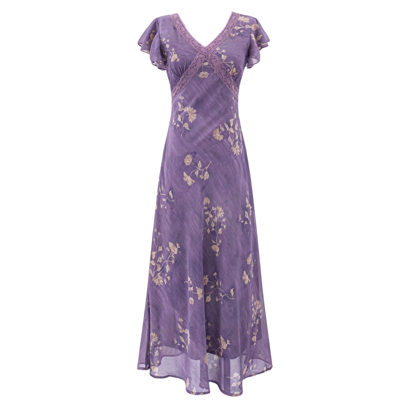 Flutter Sleeve Dress for Women, V-Neck Lace Waist-Cinching Short Sleeve Long Dress in Three Colors