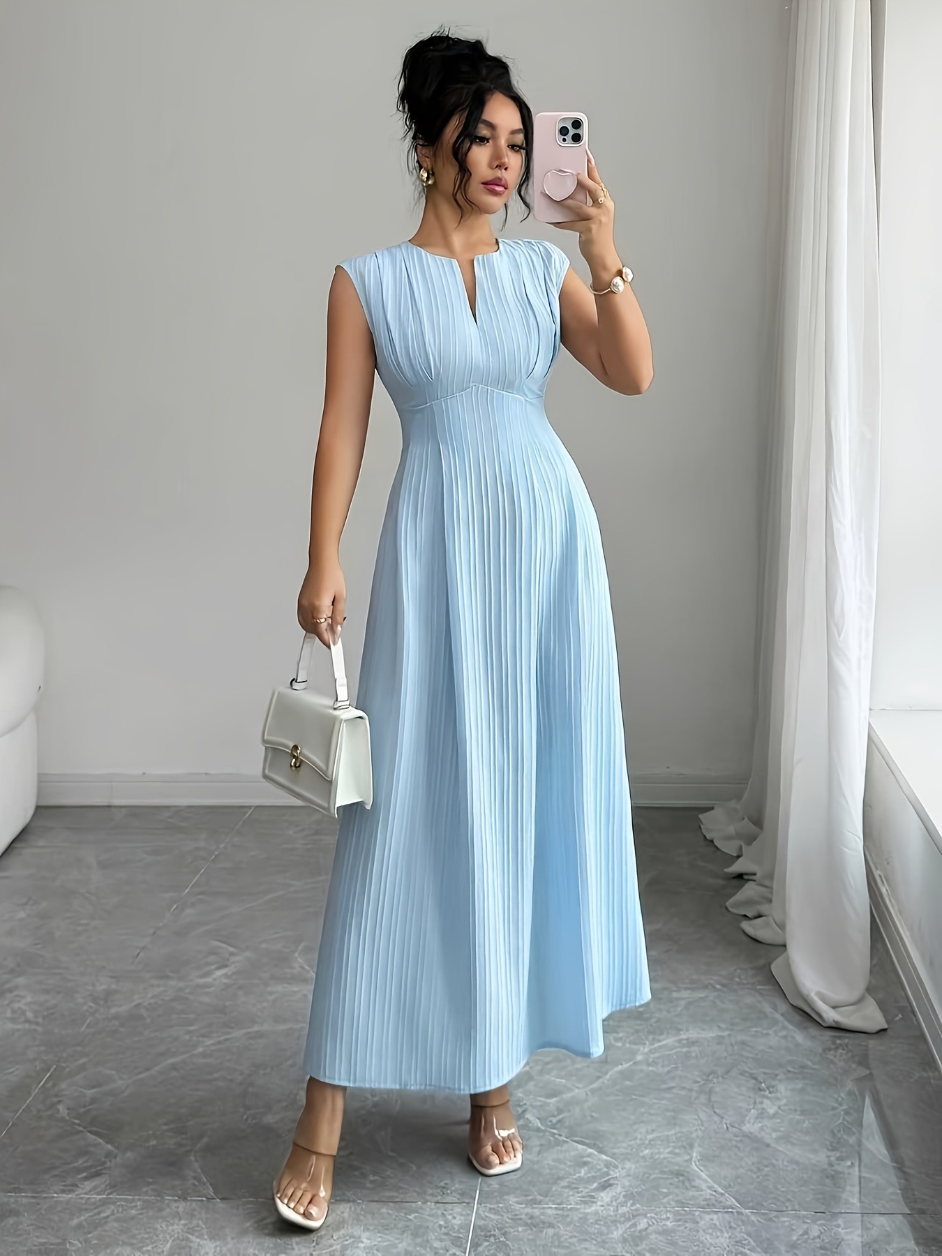 Light blue sleeveless V-neck A-line maxi dress - Vilmere