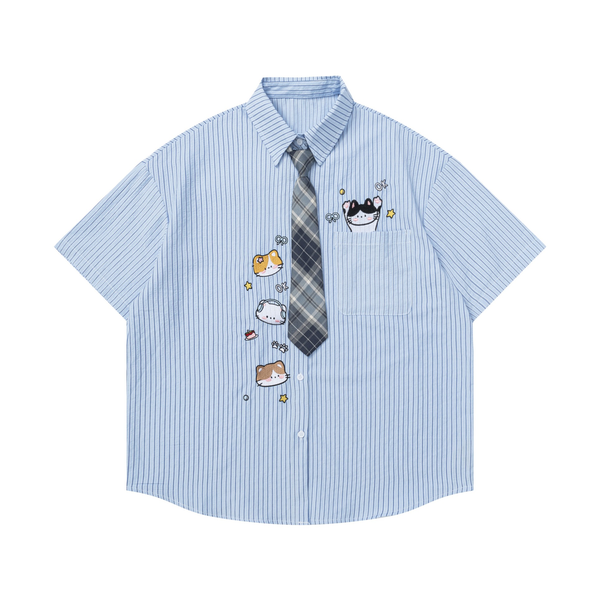 Soft and cute cat embroidered short sleeved shirt