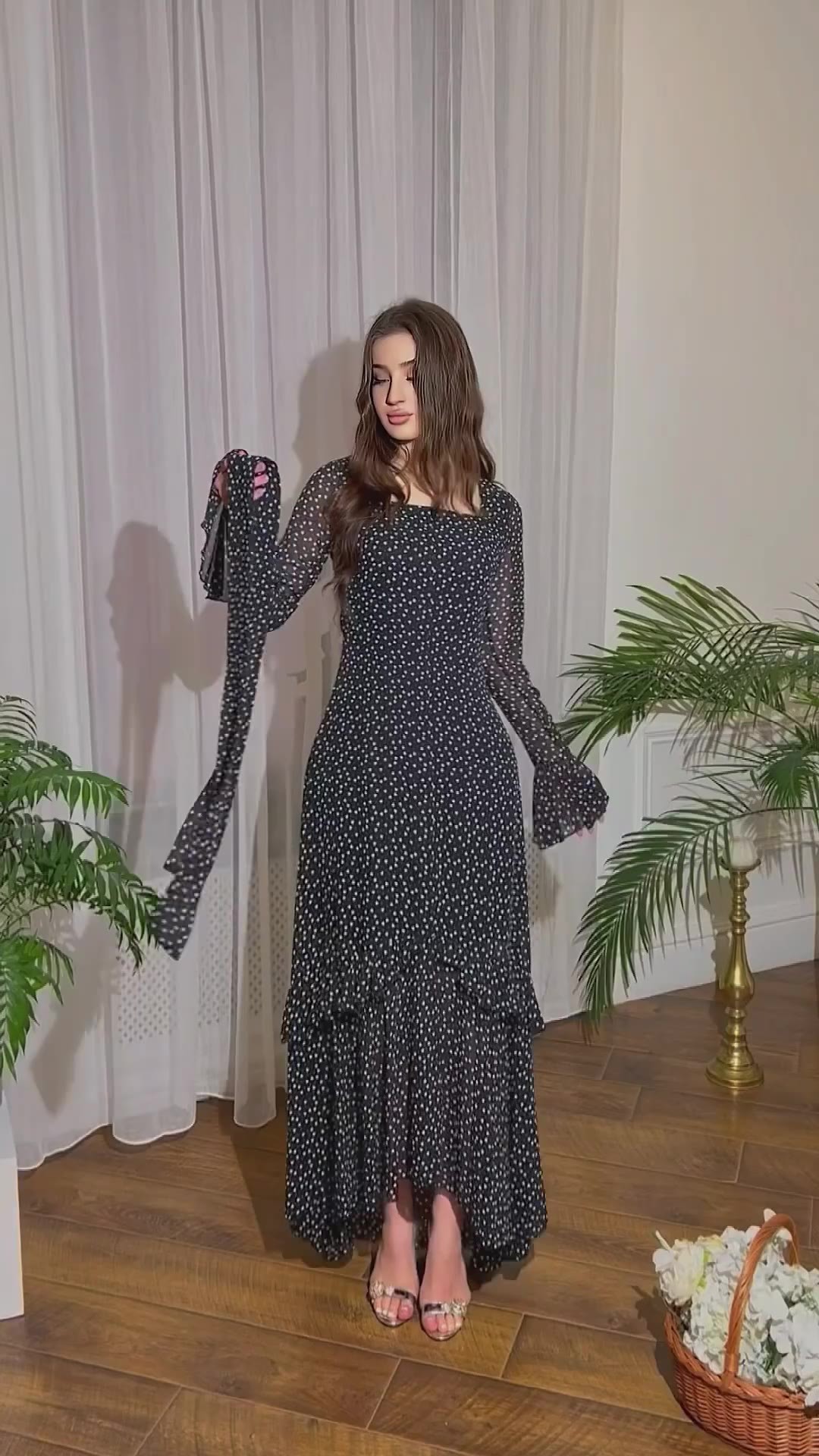 Polka dot ruffle lantern sleeve maxi dress front view