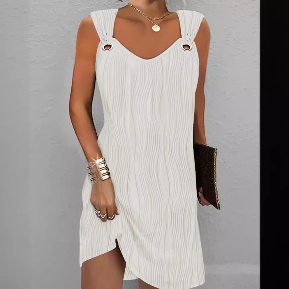 Chic Commuter Minimalist Solid Color Metal Buckle V-Neck Sleeveless Dress