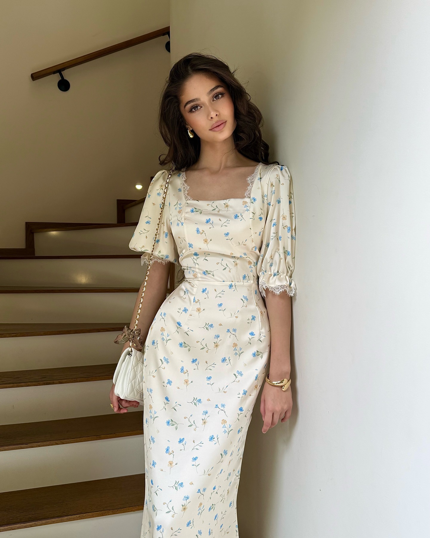 Elegant floral dress fabric detail