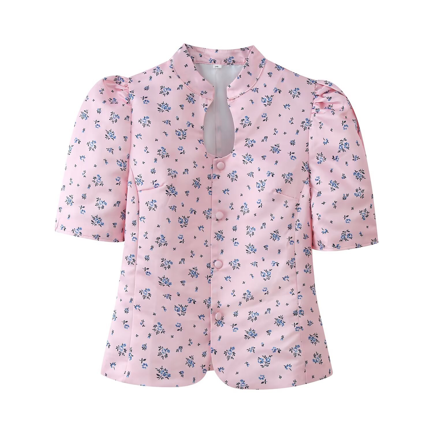 Elegant printed stand up collar short sleeved shirt top