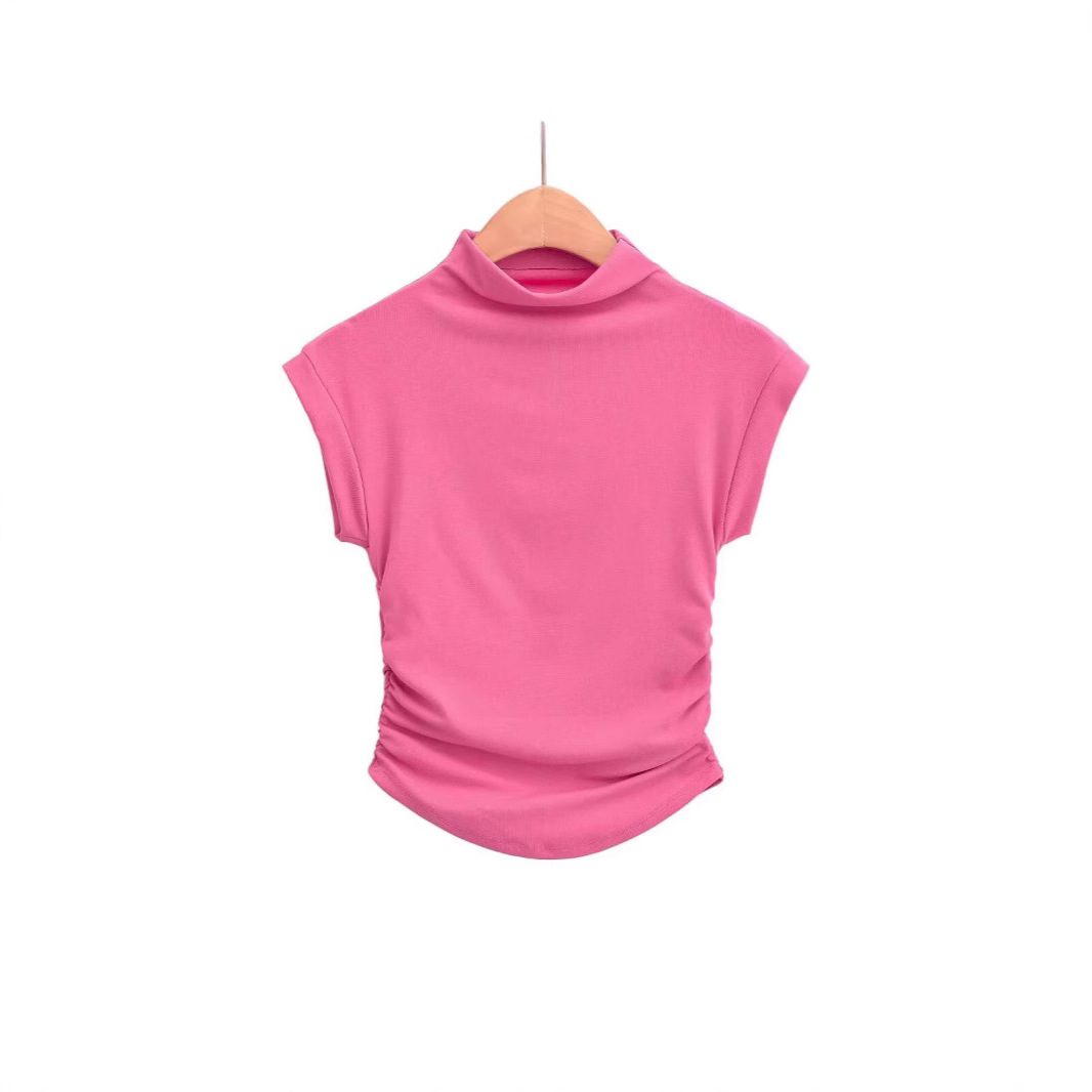 Half high neck U-shaped hem short sleeved T-shirt