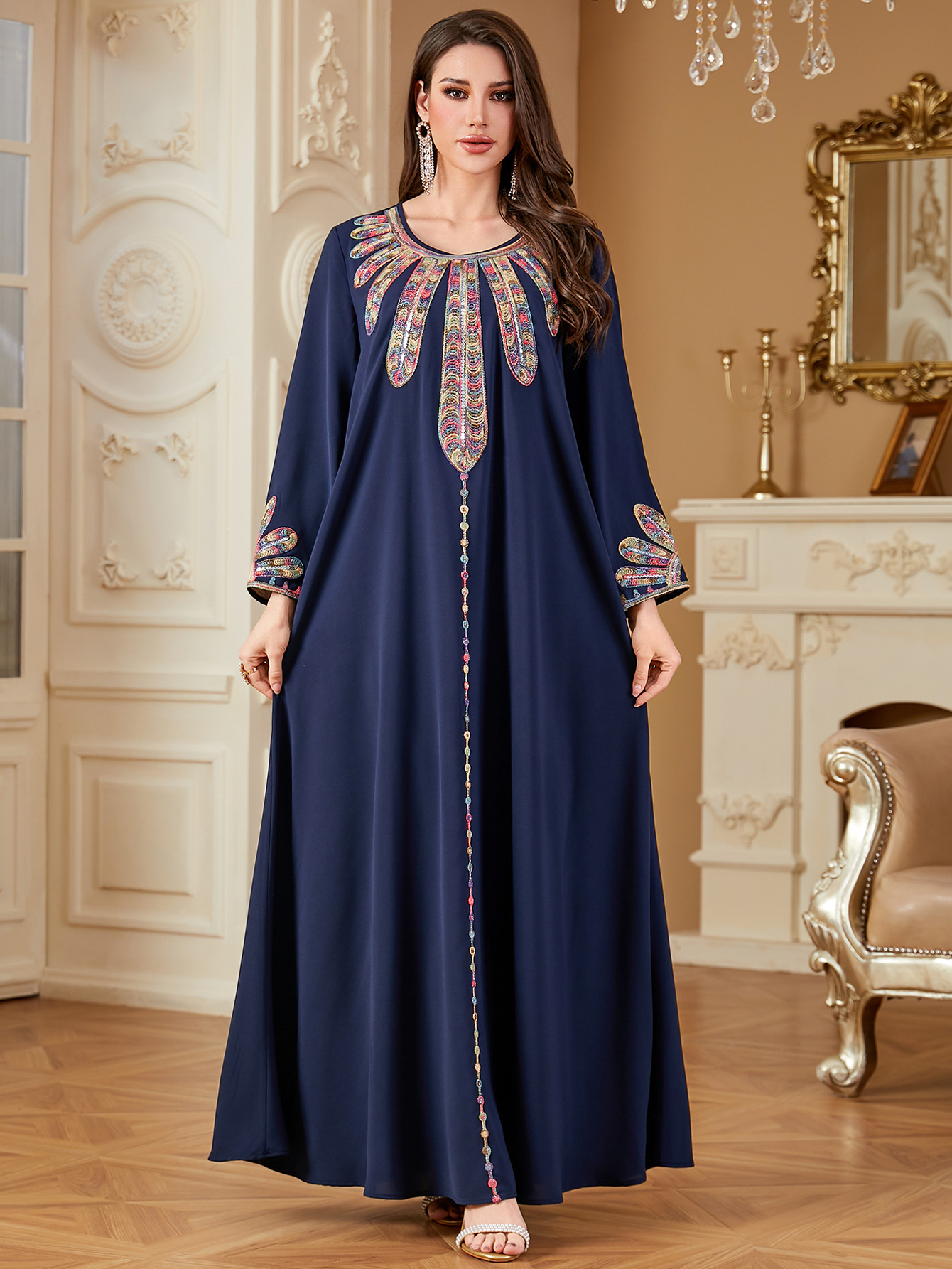 Navy embroidered A-line robe maxi dress - Vilmere