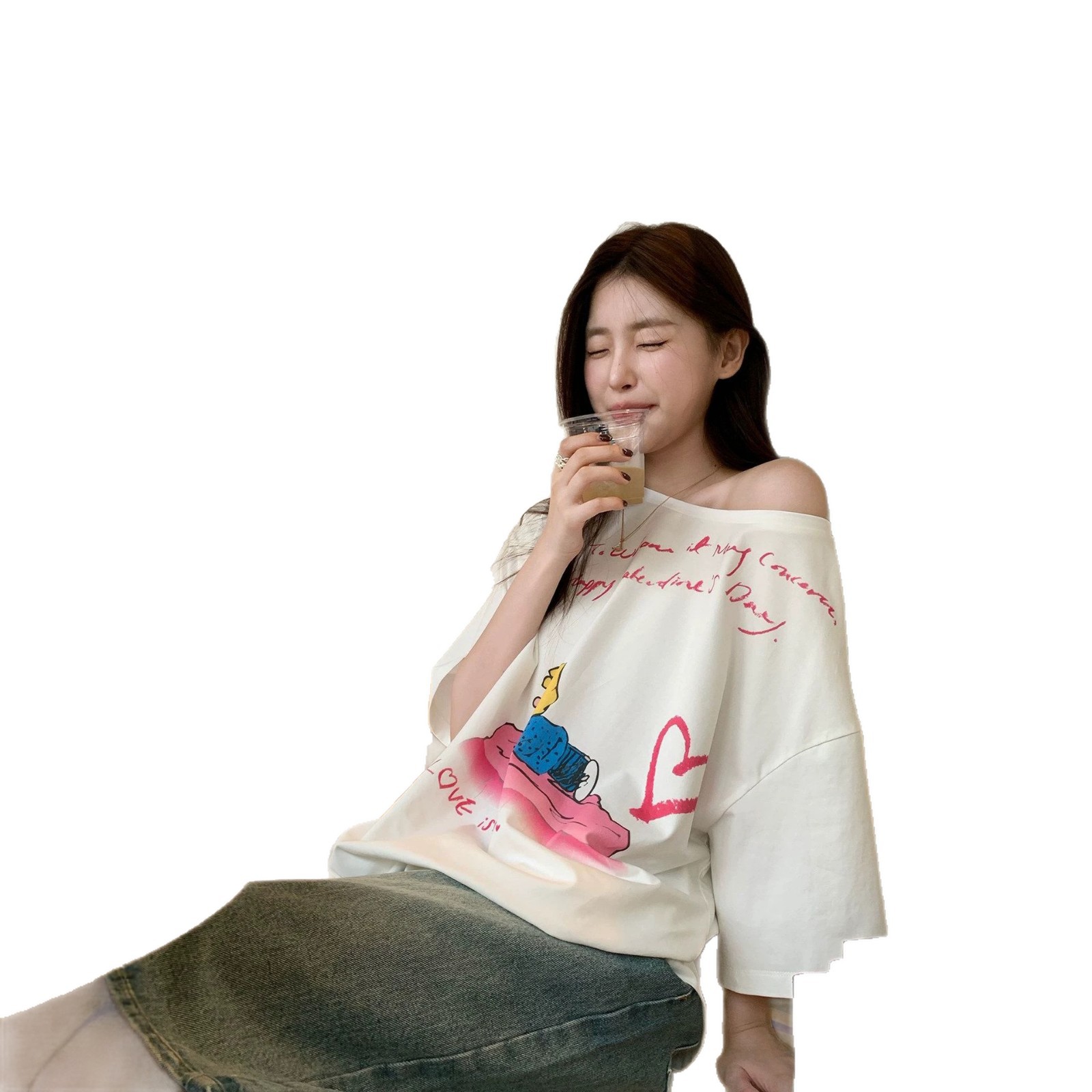 Letter Print Asymmetrical Shoulder Short Sleeve T-Shirt