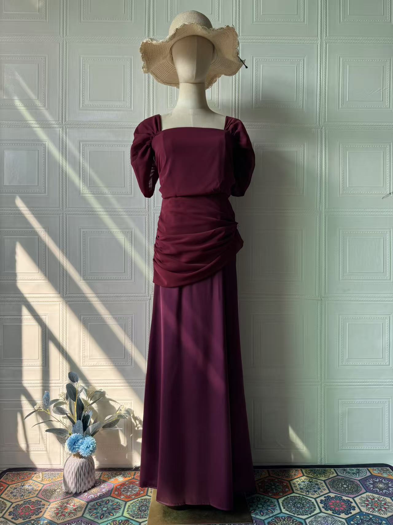 Elegant mermaid maxi dress wine red front view