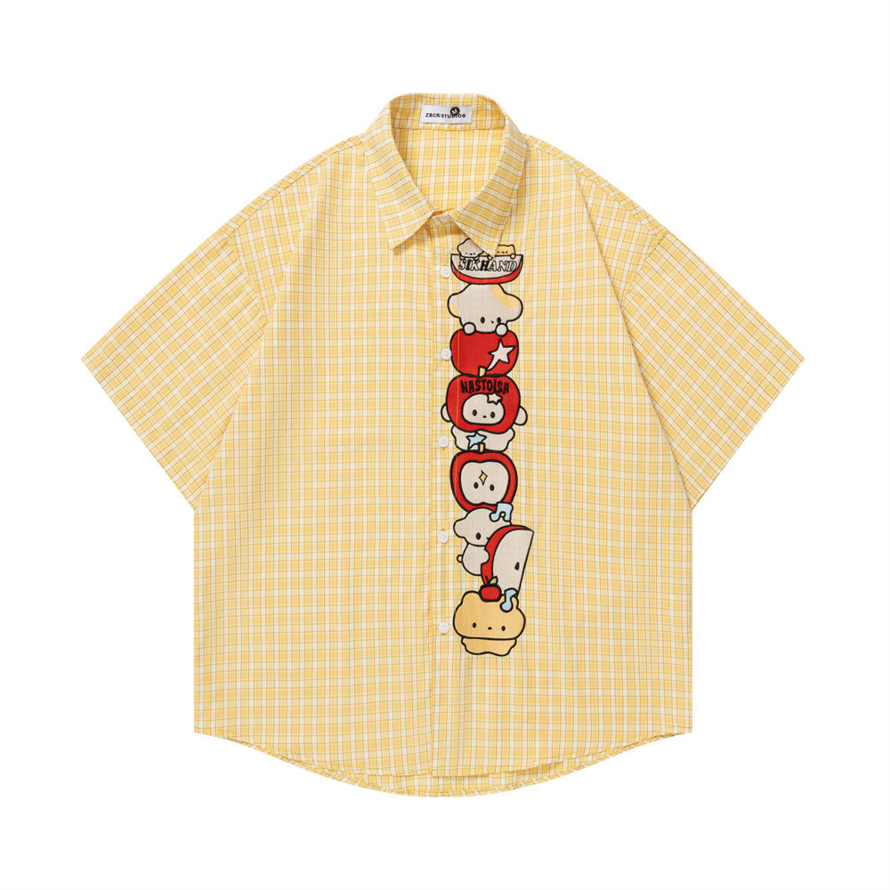 Cartoon embroidered checkered short sleeved shirt