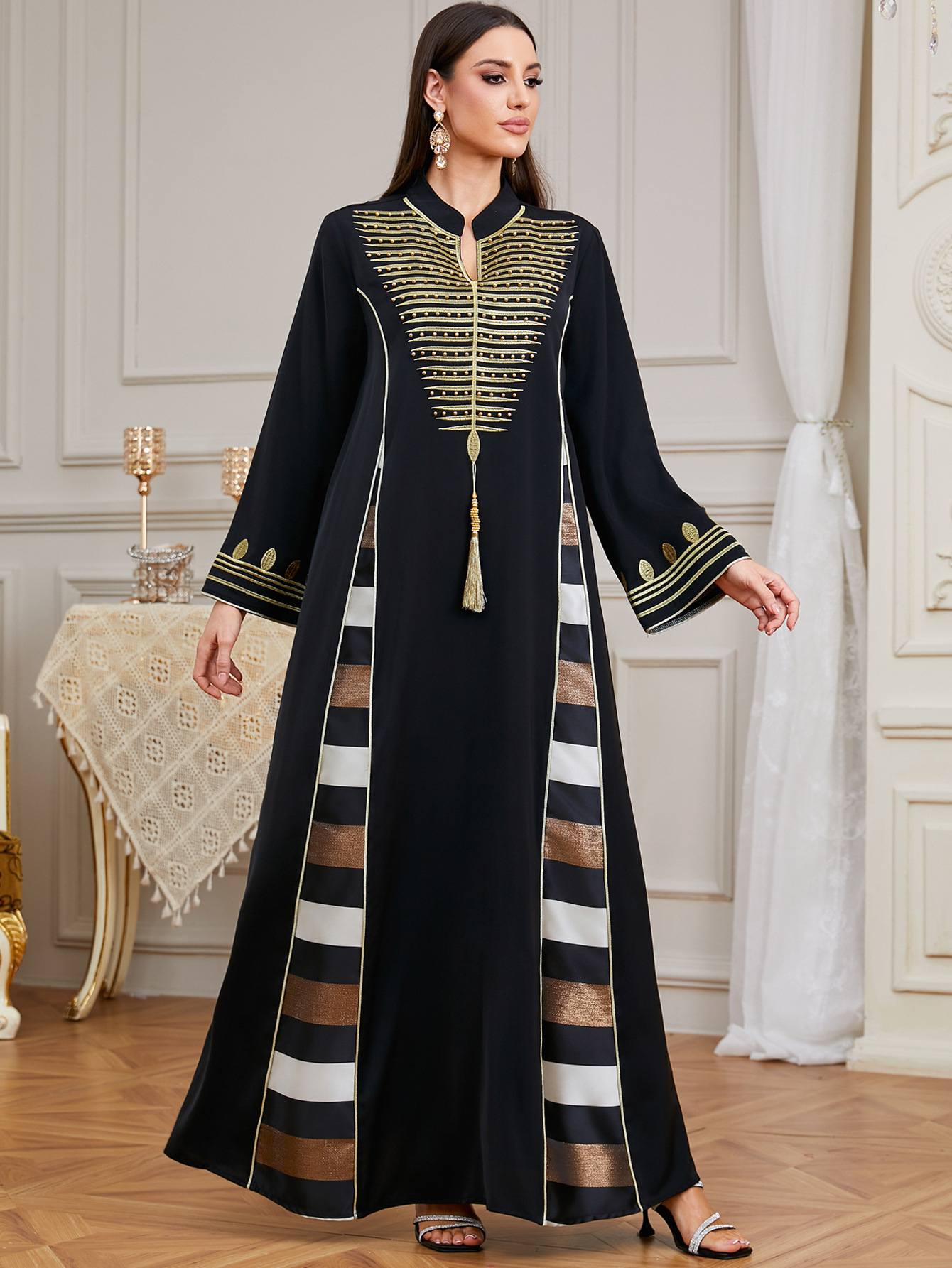 Black embroidered beaded robe maxi dress - Vilmere
