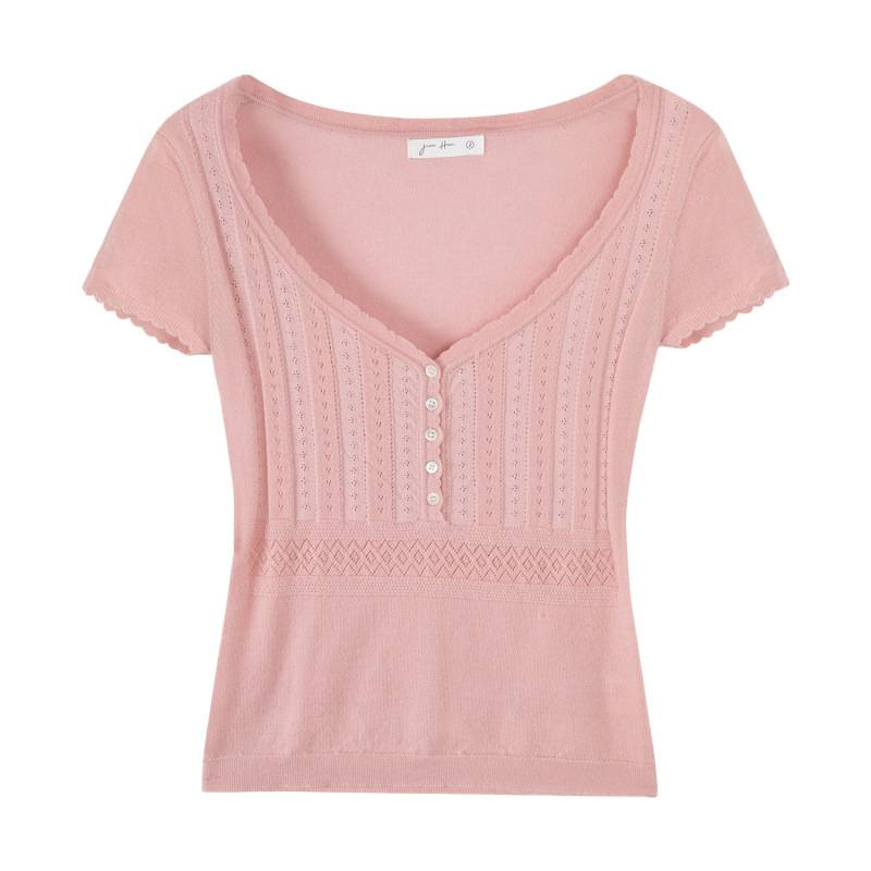pink V-neck buttoned short-sleeve knit top