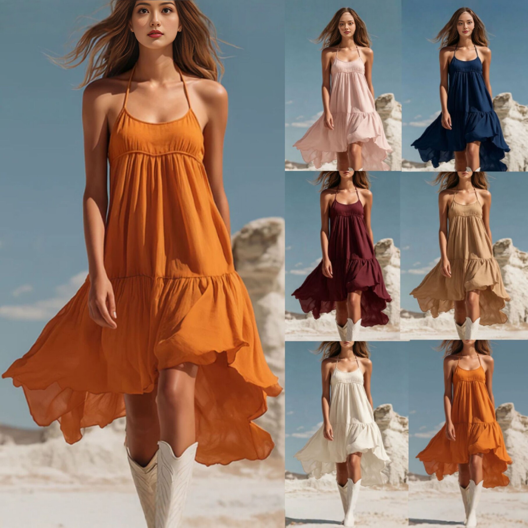 Bohemian halter ruffle midi beach dress - Vilmere