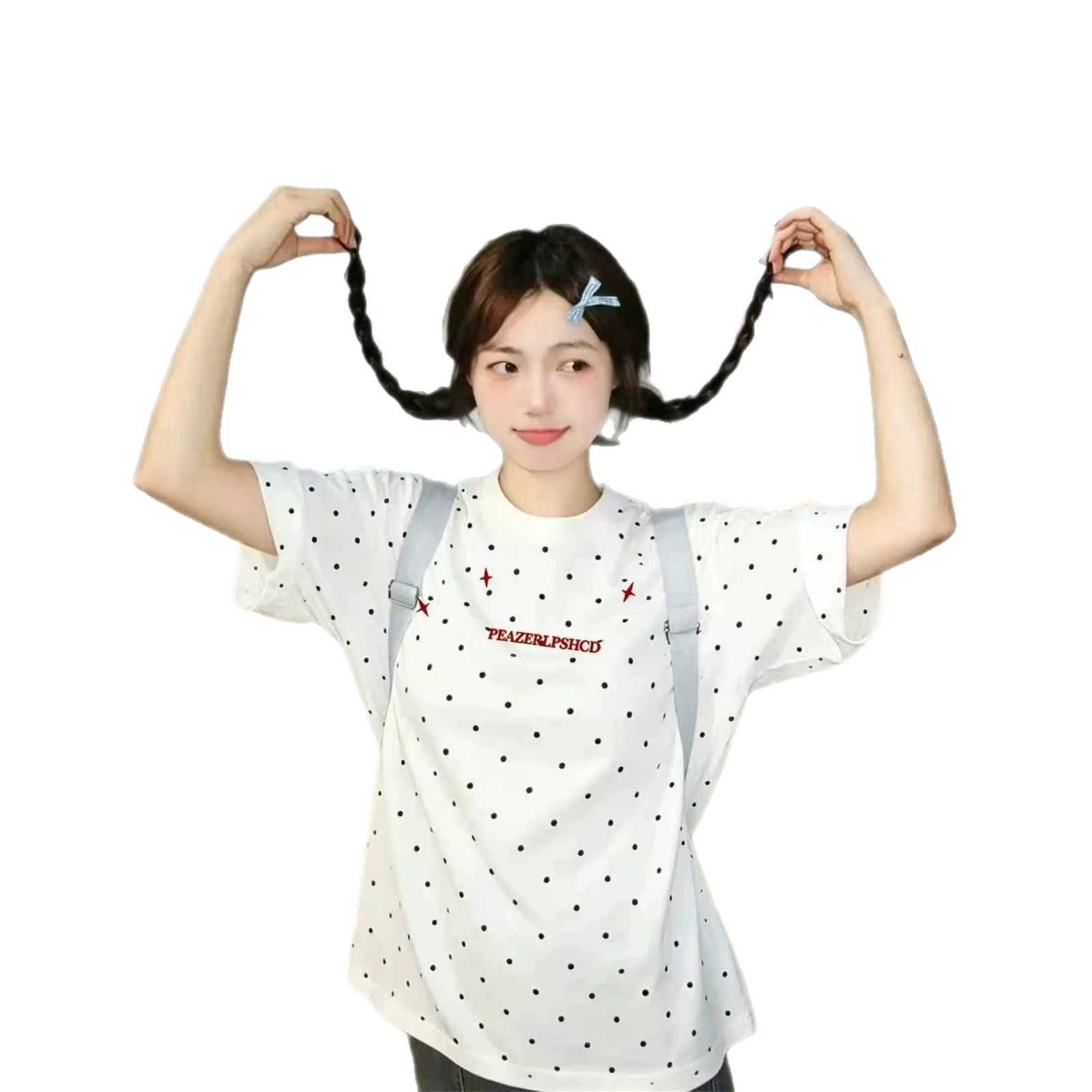 Black Polka Dot Letter Print Cotton Short Sleeve T-Shirt