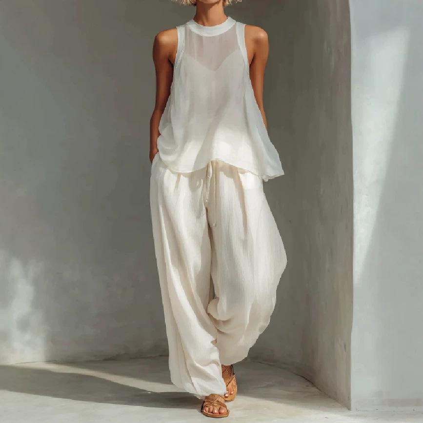 Conjunto de top y pantalones anchos blanco
