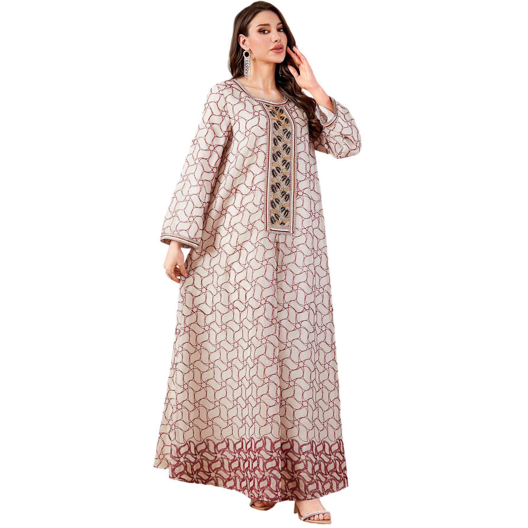 Embroidered applique long sleeved loose and elegant dress