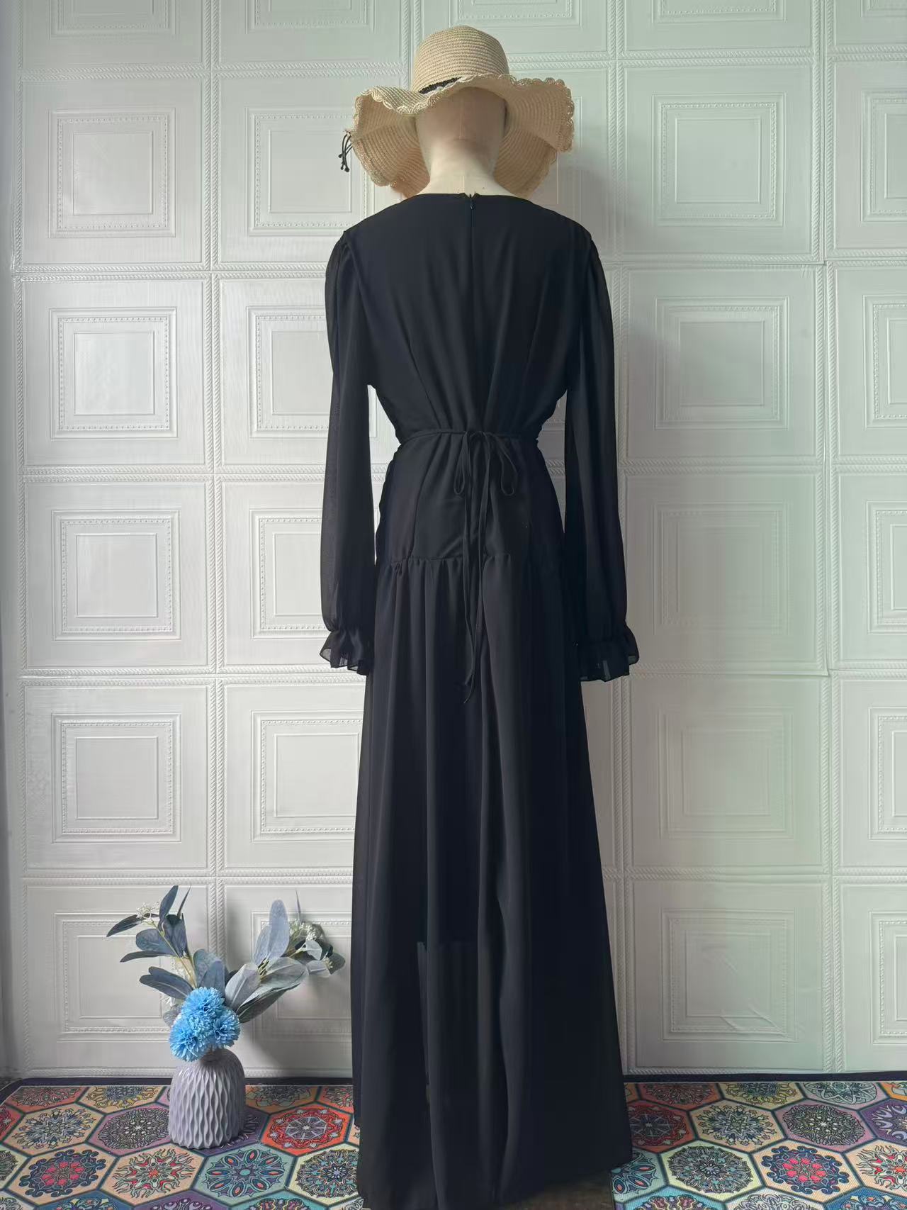 Square neck long sleeve dress burgundy variant