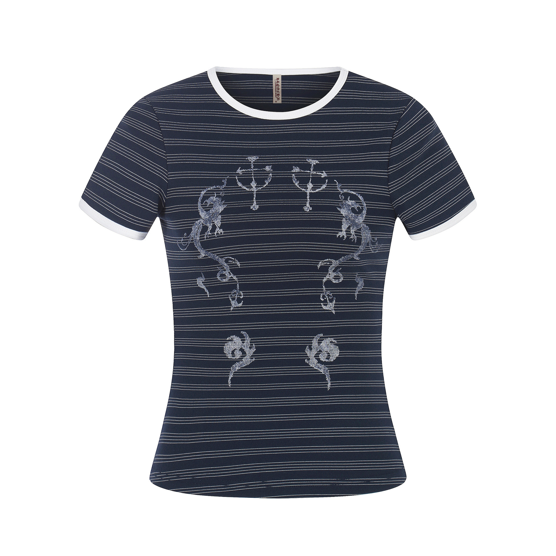 Wind Pattern Printed Stripe Short Sleeve T-Shirt Color-Blocking Edge Design