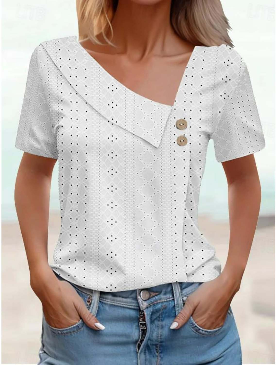 V-neck Buttoned Solid Color Hollow Short Sleeve Women's Top T-shirt Crop Top