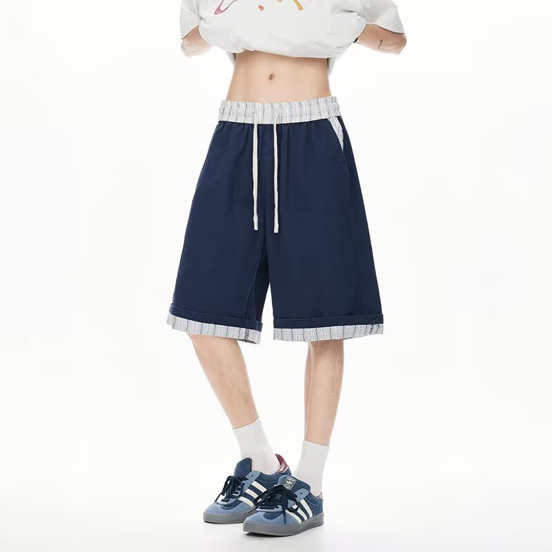 Retro Patchwork Color-Blocked Stripe Sport Five-Pocket Shorts Men