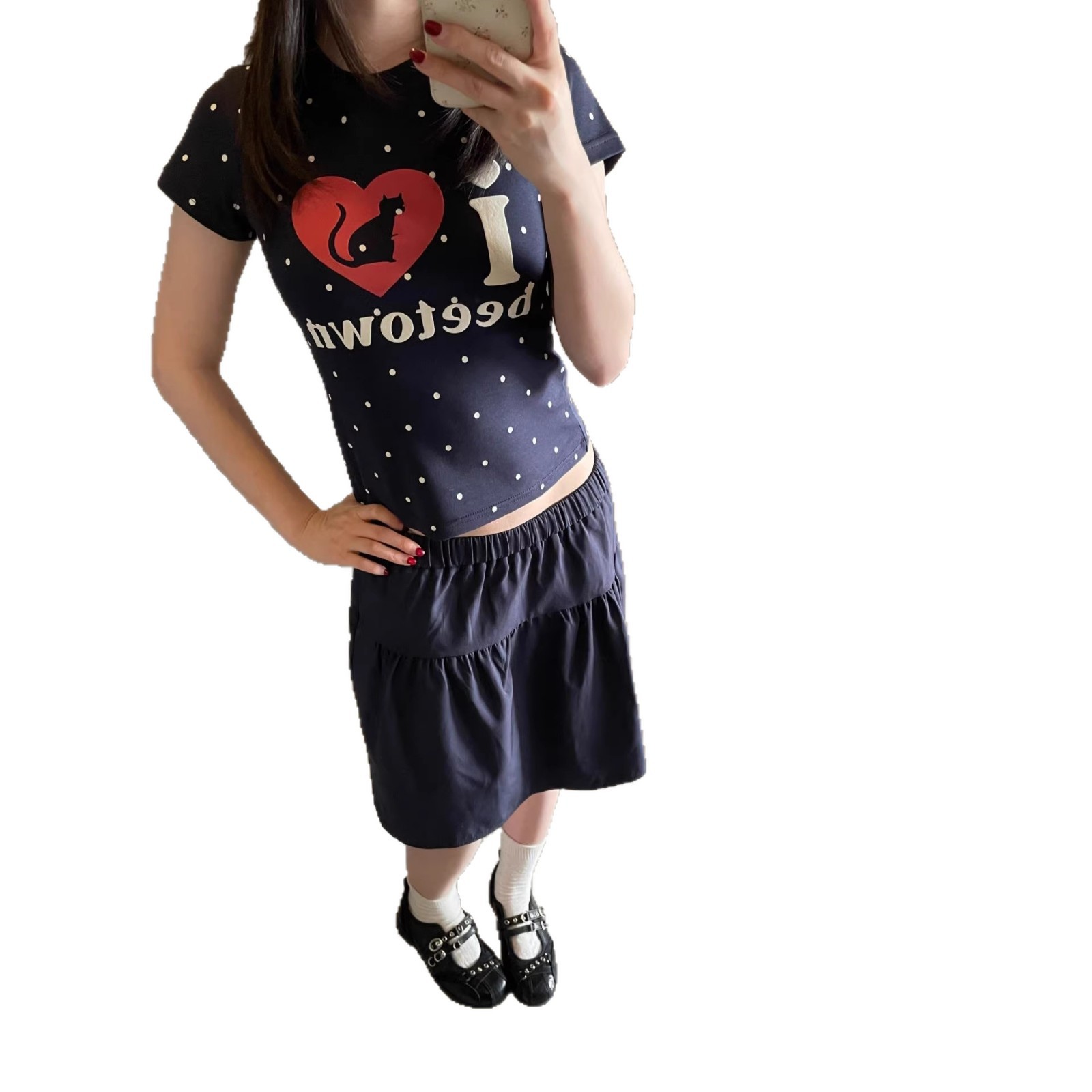 Sweet Spicy Heart Cat Print Short Sleeve T-Shirt for Women