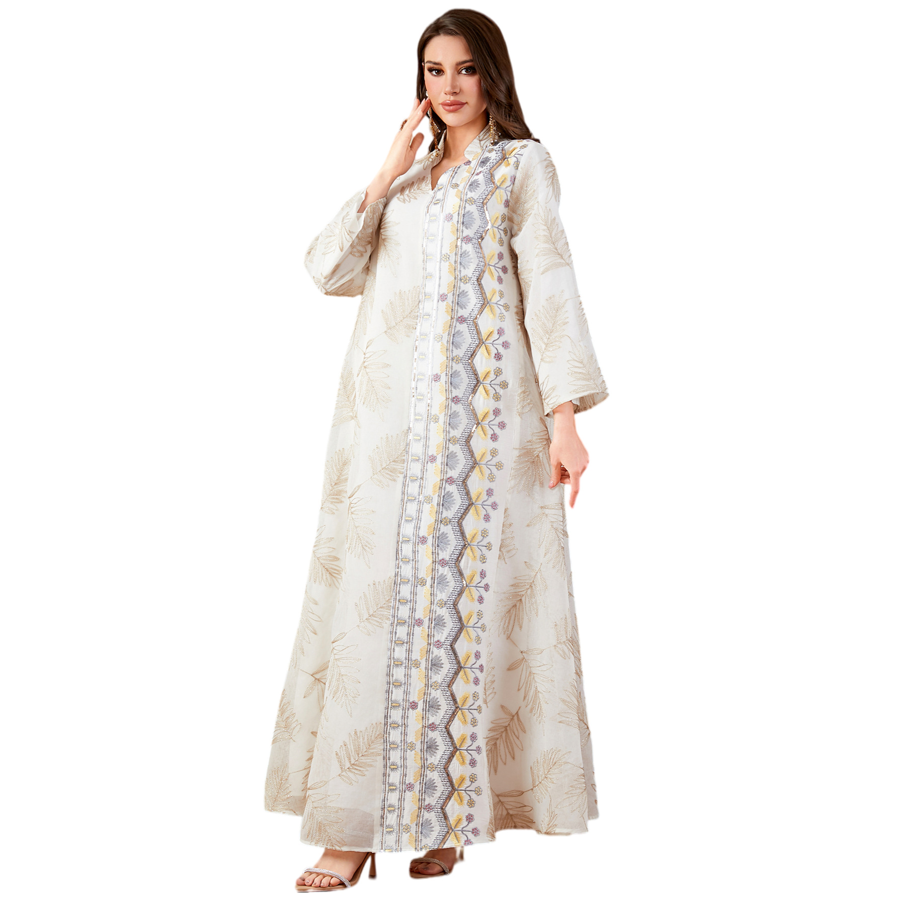 Elegant long robe embroidered V-neck dress for women